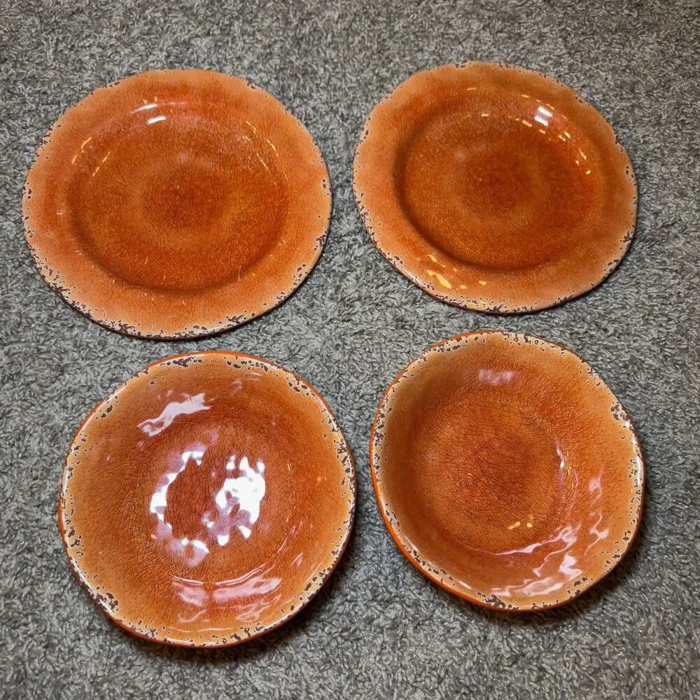 Pier 1 Imports Carmelo Melamine Orange Bowls Plates LOT of 4 Coastal Crackle Set